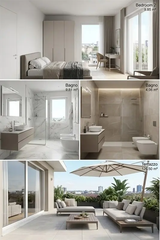 Render degli interni e del terrazzo dell'attico SAME a Rimini